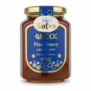 Jar of Sofra Greek Pine Honey with blue and gold label