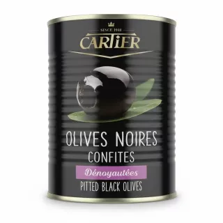 Tin of Cartier brand pitted black olives