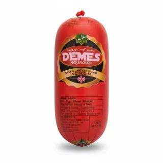 Red-packaged Demes Halal Norouzi Pistachio Salami with label showing beef and chicken ingredients