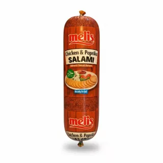 Melis Chicken & Paprika Salami in brown packaging held in hand with halal label