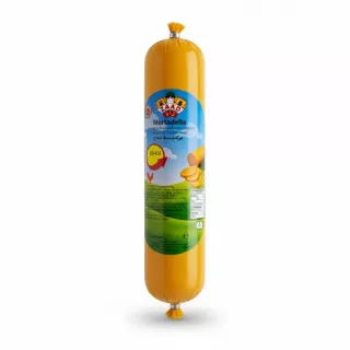 Zaad brand chicken mortadella in sealed yellow tube held in hand