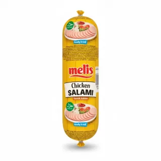 Melis Chicken Salami wrapped in yellow packaging with halal logo
