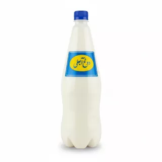 Bottle of Doogh Ajeeli traditional yogurt drink with blue cap and yellow-blue label
