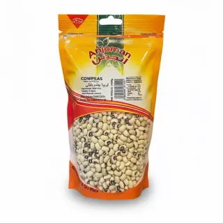 Anjoman brand cowpeas (black eyed beans) in a resealable plastic package, showing front with product details