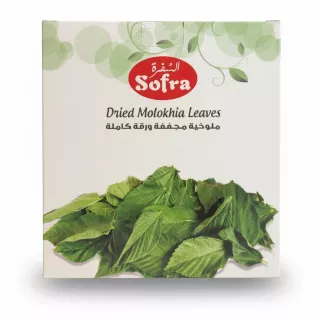 Box of Sofra brand dried molokhia leaves with green leaves image