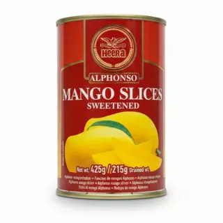 Can of Heera Alphonso sweetened mango slices front view