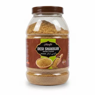 Jar of Aarafh Desi Shakkar brown jaggery powder