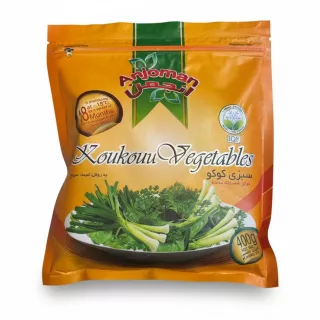 Front pack view of Anjoman Koukou mixed frozen vegetables in orange resealable bag