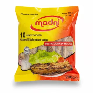 Madni brand ready cooked charcoal chicken seekh kebabs pack front view