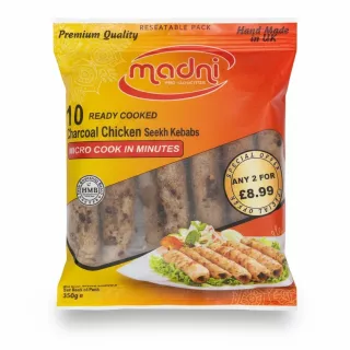 Pack of Madni Charcoal Chicken Seekh Kebabs showing product and packaging