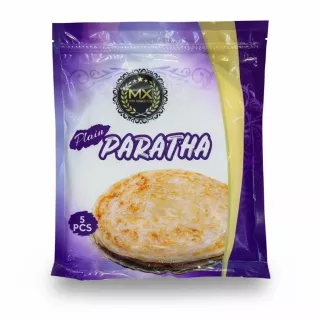 Packaging of MX Plain Paratha showing stack of layered bread on front