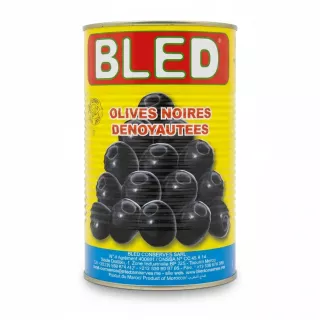 Can of Bled brand pitted black olives in brine