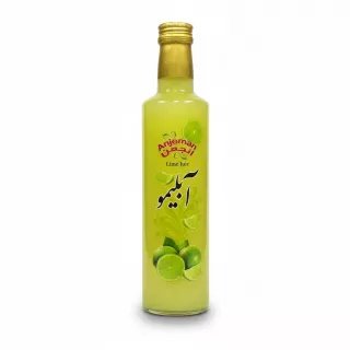 Bottle of Anjoman Lime Juice with lime graphics on front label