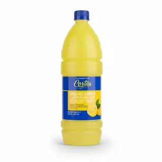 Yellow plastic bottle of Cortas lemon juice substitute with blue label