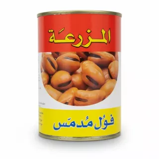 Al Mazraa canned fava beans with bright red and yellow label