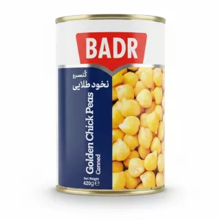 Badr brand canned golden chick peas front label
