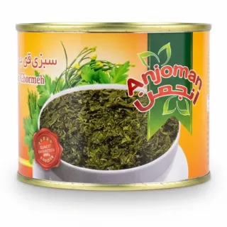 Tin of Anjoman Fried Sabzi Ghormeh with parsley and coriander illustration