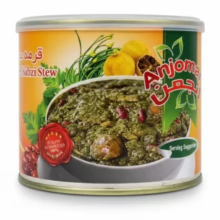 Close-up of Anjoman Ghormeh Sabzi Stew can label with serving suggestion