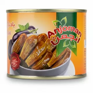 Can of Anjoman fried eggplant showing whole fried aubergine pieces