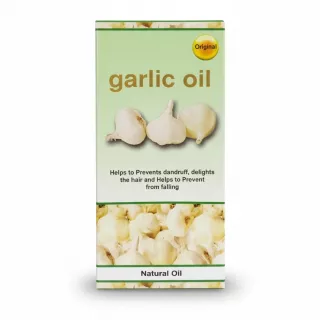 Box of Natural Garlic Oil with garlic bulbs image on front