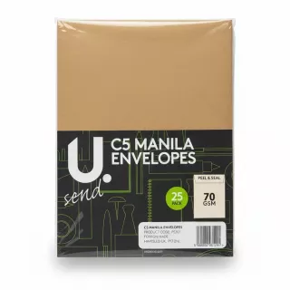 Pack of J. Send C5 Manila Envelopes in plastic wrapping showing packaging label