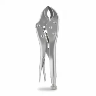 Silver curved jaw locking pliers with wire cutter front view