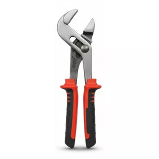 Front view of HandyTools tongue and groove pliers with ergonomic black and red handles