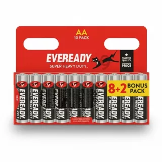Eveready Super Heavy Duty AA 10 pack batteries front packaging