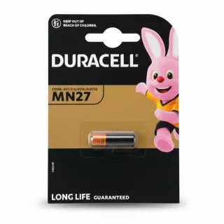 Single Duracell MN27 alkaline battery in packaging