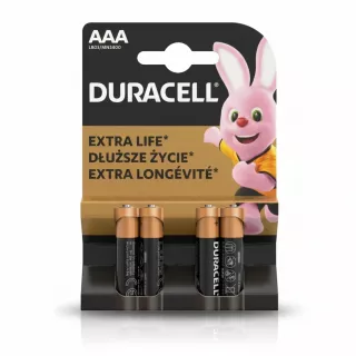 Duracell AAA battery pack with four alkaline batteries and black and copper design