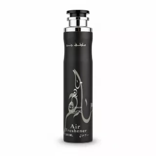Maahir Black Edition air freshener bottle with black matte finish and silver Arabic art