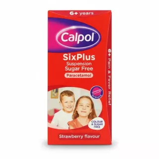 Calpol SixPlus Sugar Free Strawberry flavour suspension box front on a white background