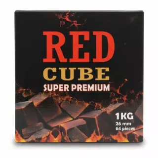 Box of Red Cube Super Premium Charcoal Cubes showing 1Kg with 64 pieces