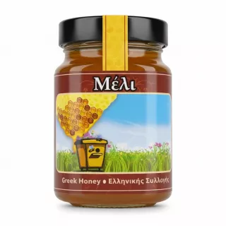 Jar of Greek honey with honeycomb illustration on label