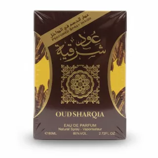 Oud Sharqia Eau de Parfum outer packaging with gold and brown design