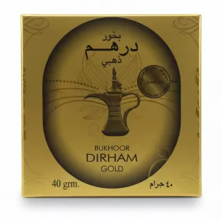 Dirham Gold Bukhoor golden packaging front view