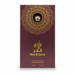 Elegant burgundy and gold Wadi Al Qamar perfume box with intricate mandala design