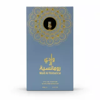 Blue and gold decorative packaging box of Wadi Al Romancia Eau de Parfum