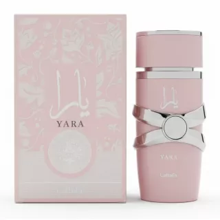 Lattafa Yara Eau de Parfum bottle and packaging in pastel pink with silver accents