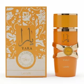 Lattafa Yara Eau De Parfum Spray bottle and packaging in orange and gold