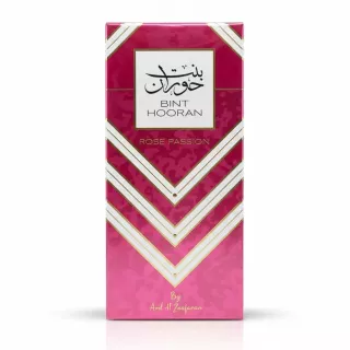 Packaging box of Bint Hooran Rose Passion perfume in pink and gold design