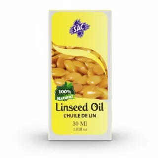 Front of SAC Linseed Oil 30ml yellow package showing linseed seeds on a white background