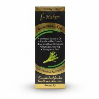 L-Hakim Rosemary Oil front view showing branding and benefits