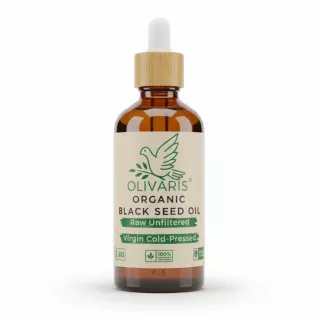 Olivaris Organic Black Seed Oil bottle with bamboo dropper cap front view