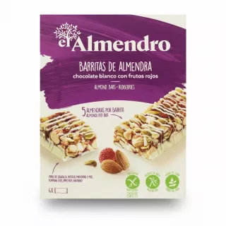 El Almendro almond bars box front with white chocolate and redberries
