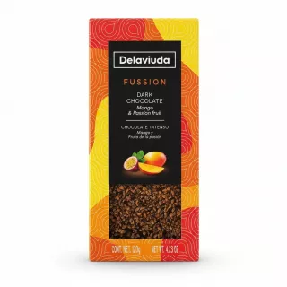 Front packaging of Delaviuda Fussion Dark Chocolate with mango and passion fruit