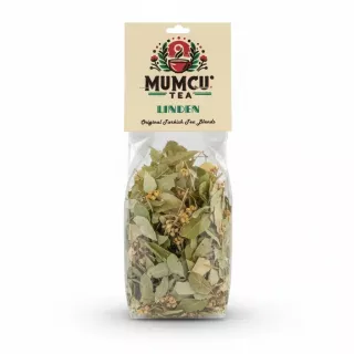 Packet of Mumcu Linden Tea with loose dried linden leaves and flowers visible