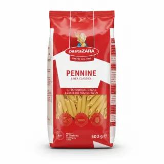 Front view of pastaZARA Pennine pasta pack showing penne pasta