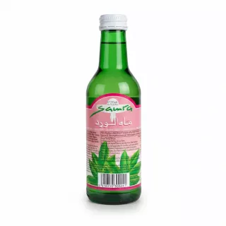 Green glass bottle of Samra branded rose water with a pink label and white cap