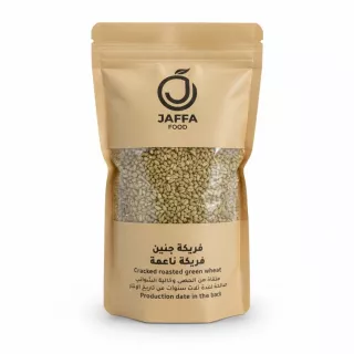 Packaged cracked roasted green wheat by Jaffa Food, showing details of the grain
